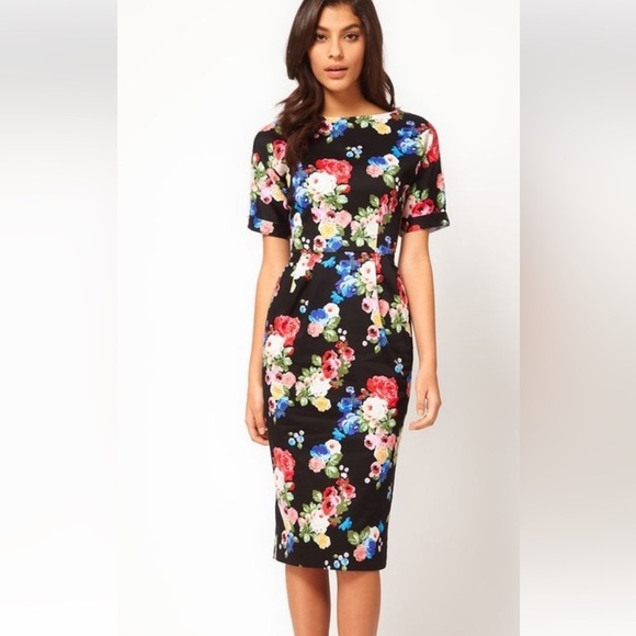 Asos Floral Sheath Dress Size 2 With Pockets 3/4 Sleeves Bodycon - Picture 1 of 7